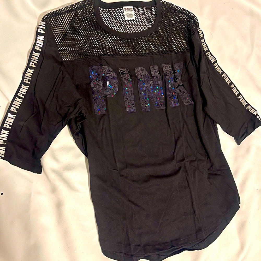 PINK Victoria Secret: 2017 Rare/HTF BLING & Sequin Half Sleeve Shirt Sz:LG NEW